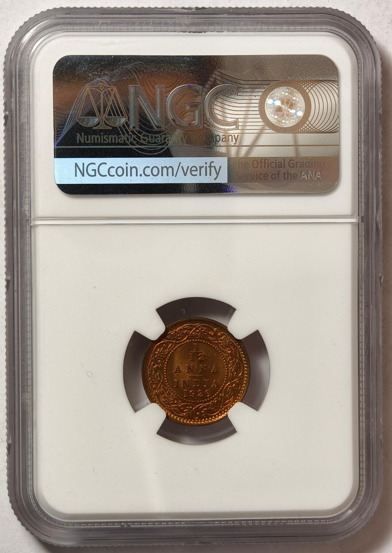 紫瑗钱币——第472期 英属印度 1926年 B版 乔治五世 1/12安娜 铜币 NGC MS65 RB