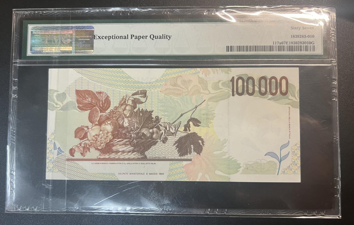 珑诚汇·乐淘淘 世界纸币拍卖 第32期 低佣场 『KB191223M』意大利1994年纸币 100000里拉 无四七 卡拉瓦乔 PMG67EPQ