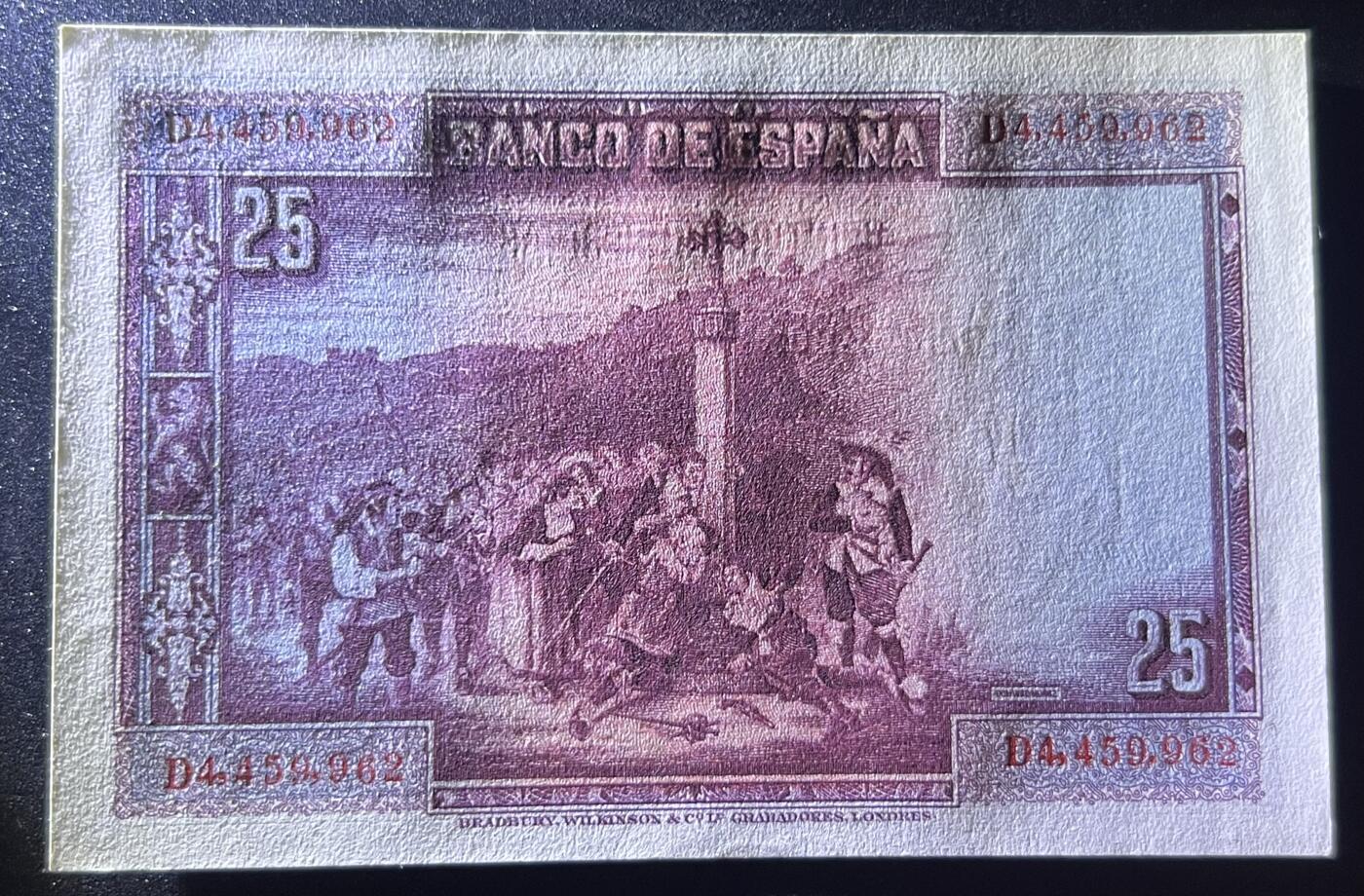 珑诚汇·乐淘淘 世界纸币拍卖 第32期 低佣场 『D4 459 962』西班牙1928年纸币 25比塞塔 轻微角钝 角轻微荧光反应 UNC