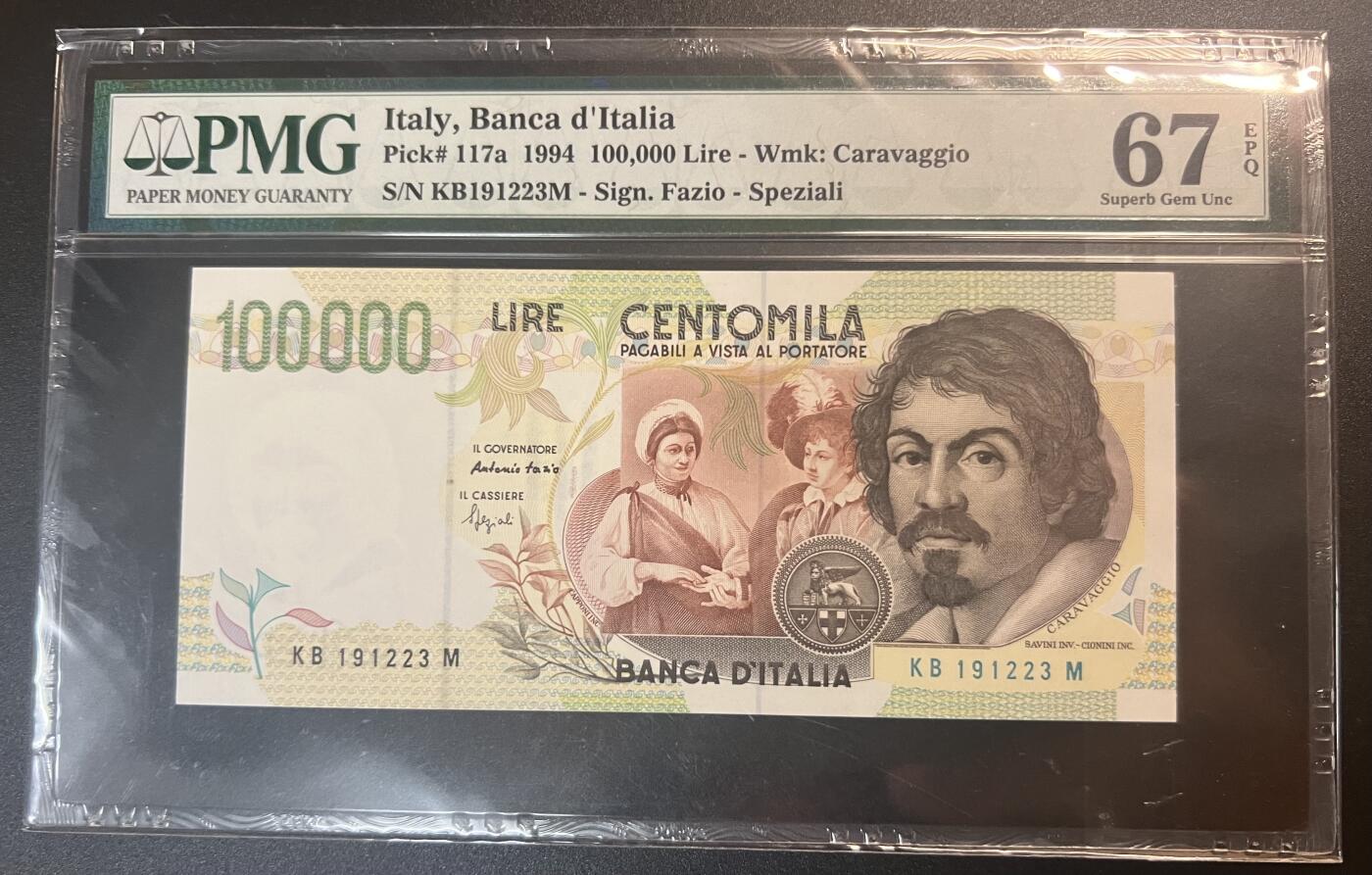珑诚汇·乐淘淘 世界纸币拍卖 第32期 低佣场 『KB191223M』意大利1994年纸币 100000里拉 无四七 卡拉瓦乔 PMG67EPQ