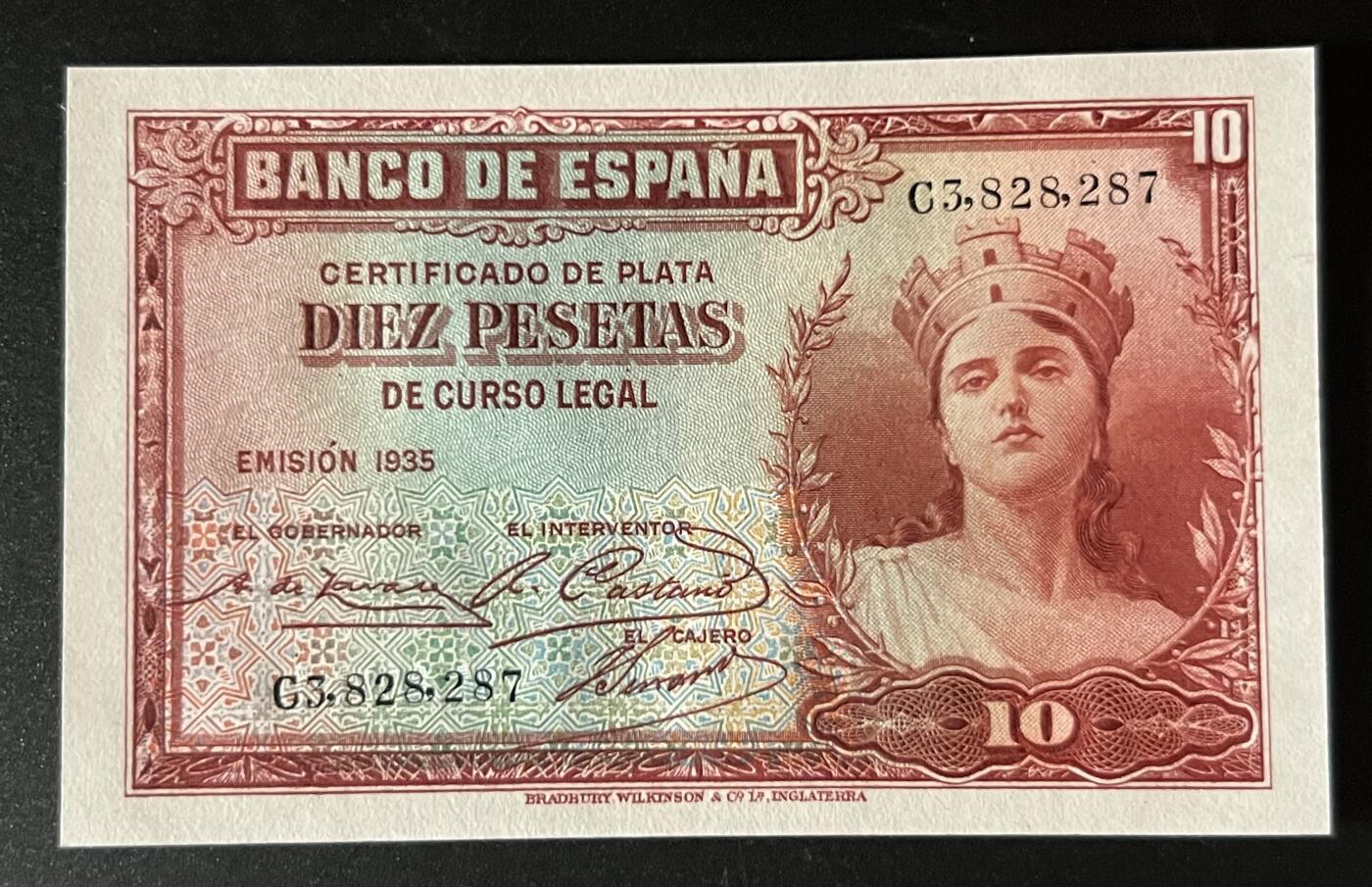 珑诚汇·乐淘淘 世界纸币拍卖 第32期 低佣场 『C3 828 287』西班牙1935年纸币 10比塞塔 全新UNC