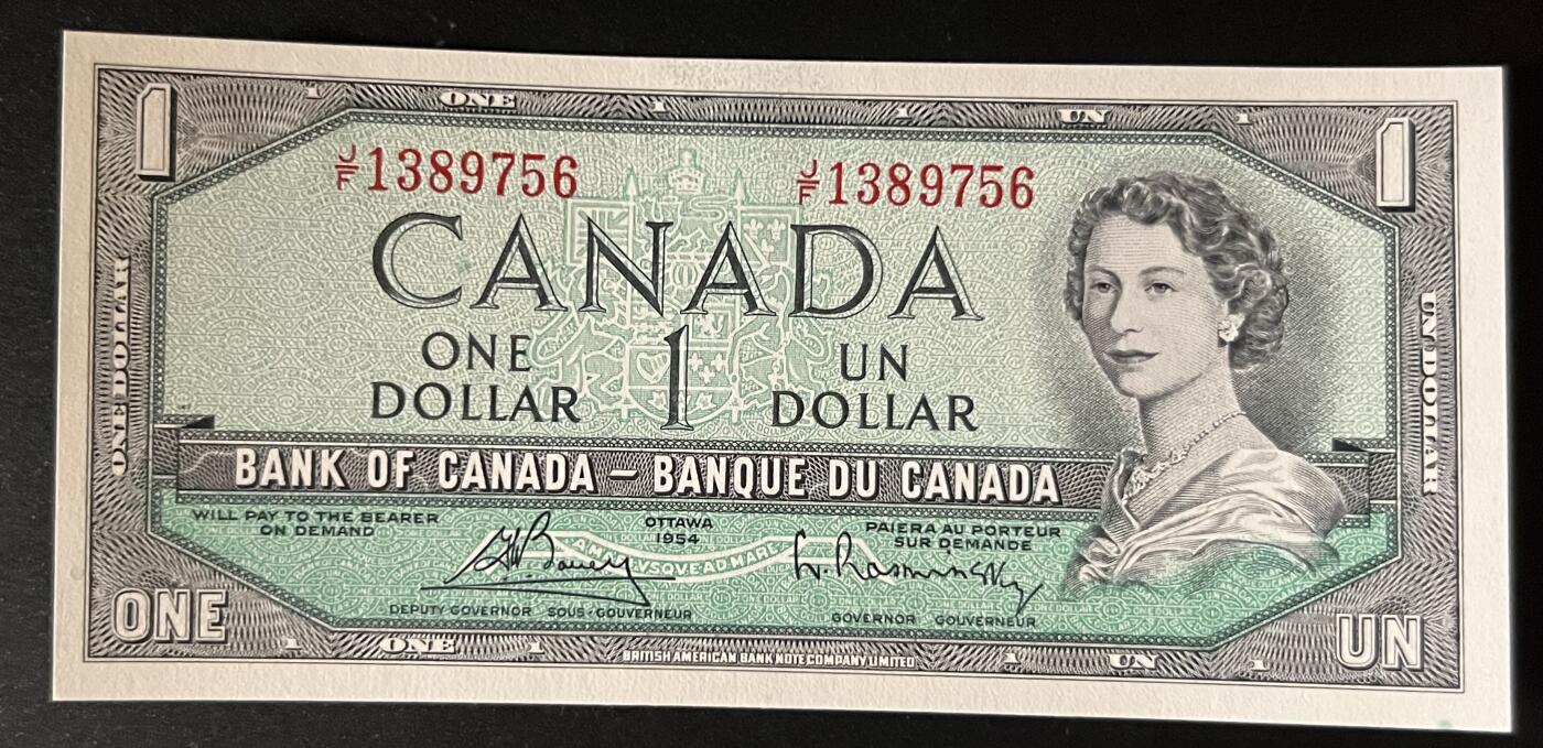 珑诚汇·乐淘淘 世界纸币拍卖 第32期 低佣场 『J/F 1389756』加拿大1954年纸币 1元 乱蛇号 女王钞 全新UNC