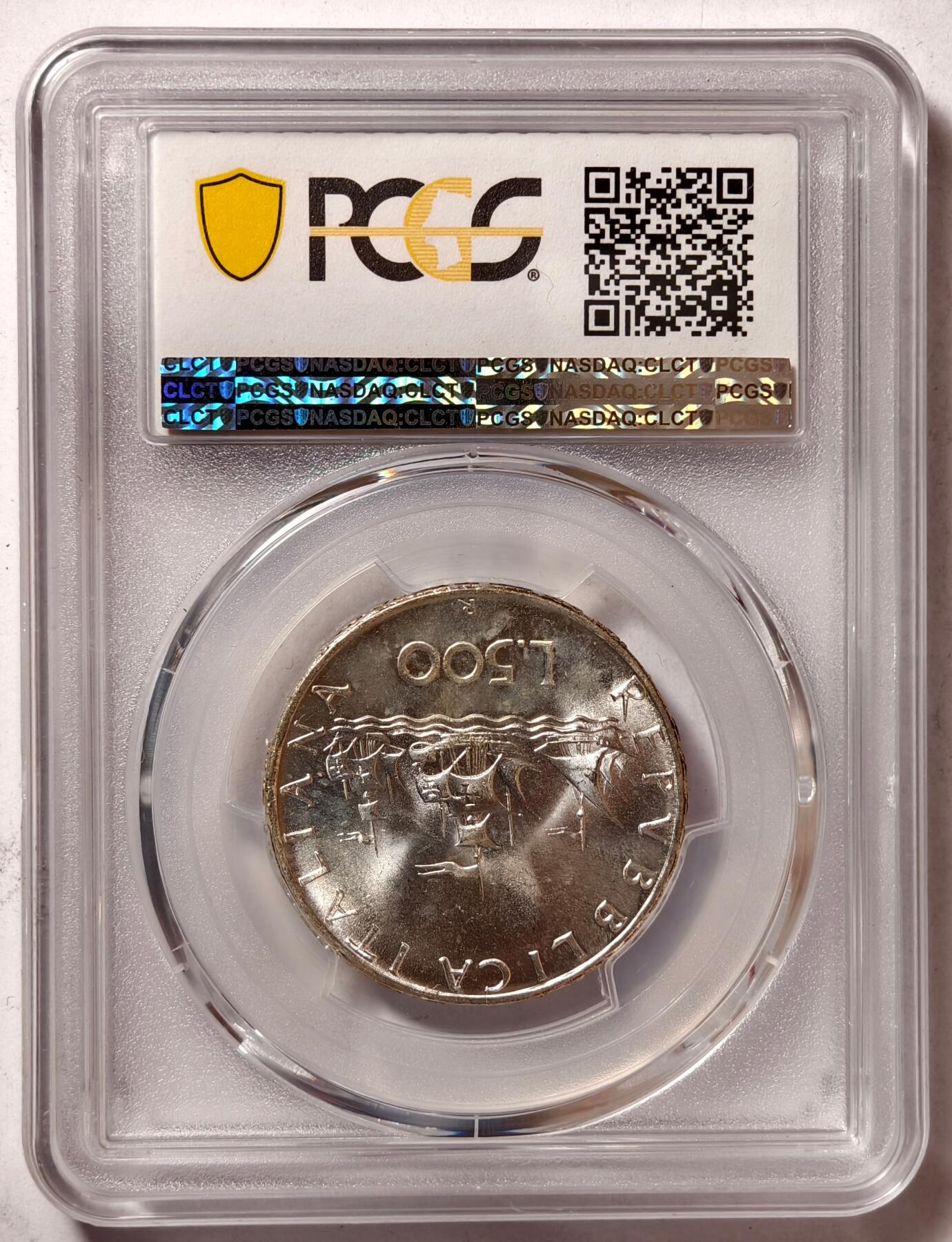 紫瑗钱币——第472期 意大利 1966年 R版 少女与帆船 500里拉 银币 PCGS MS65