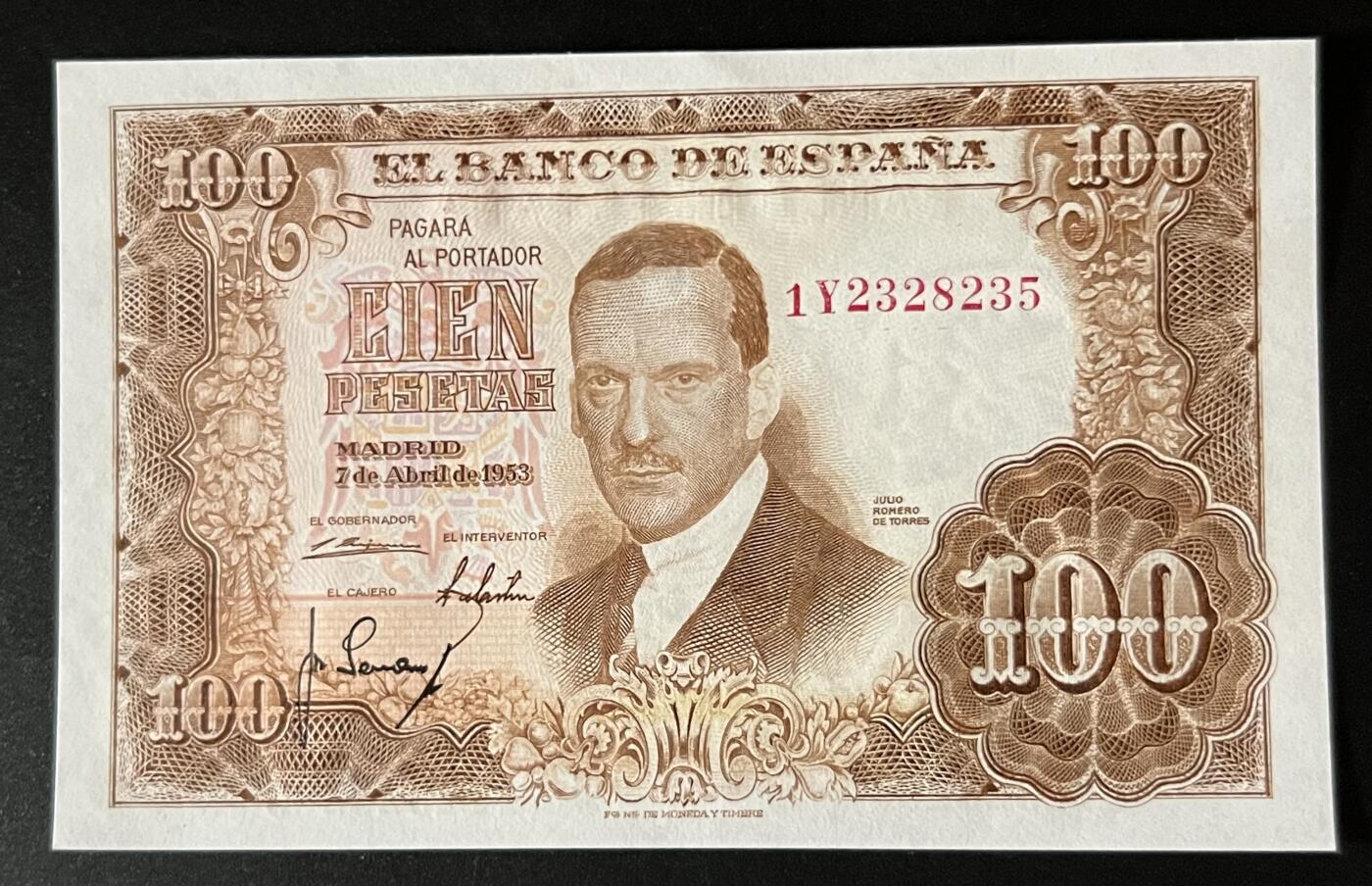 珑诚汇·乐淘淘 世界纸币拍卖 第32期 低佣场 『1Y2328235』西班牙1953年纸币 100比塞塔 无四七 精美大票幅 轻微压痕 UNC