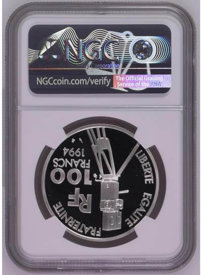 S&S Numismatic世界钱币-拍卖 第126期  法国1994年 电影百年-查理·卓别林 100法郎精制纪念银币 22.2克900银  NGC PF69UC 无盒证