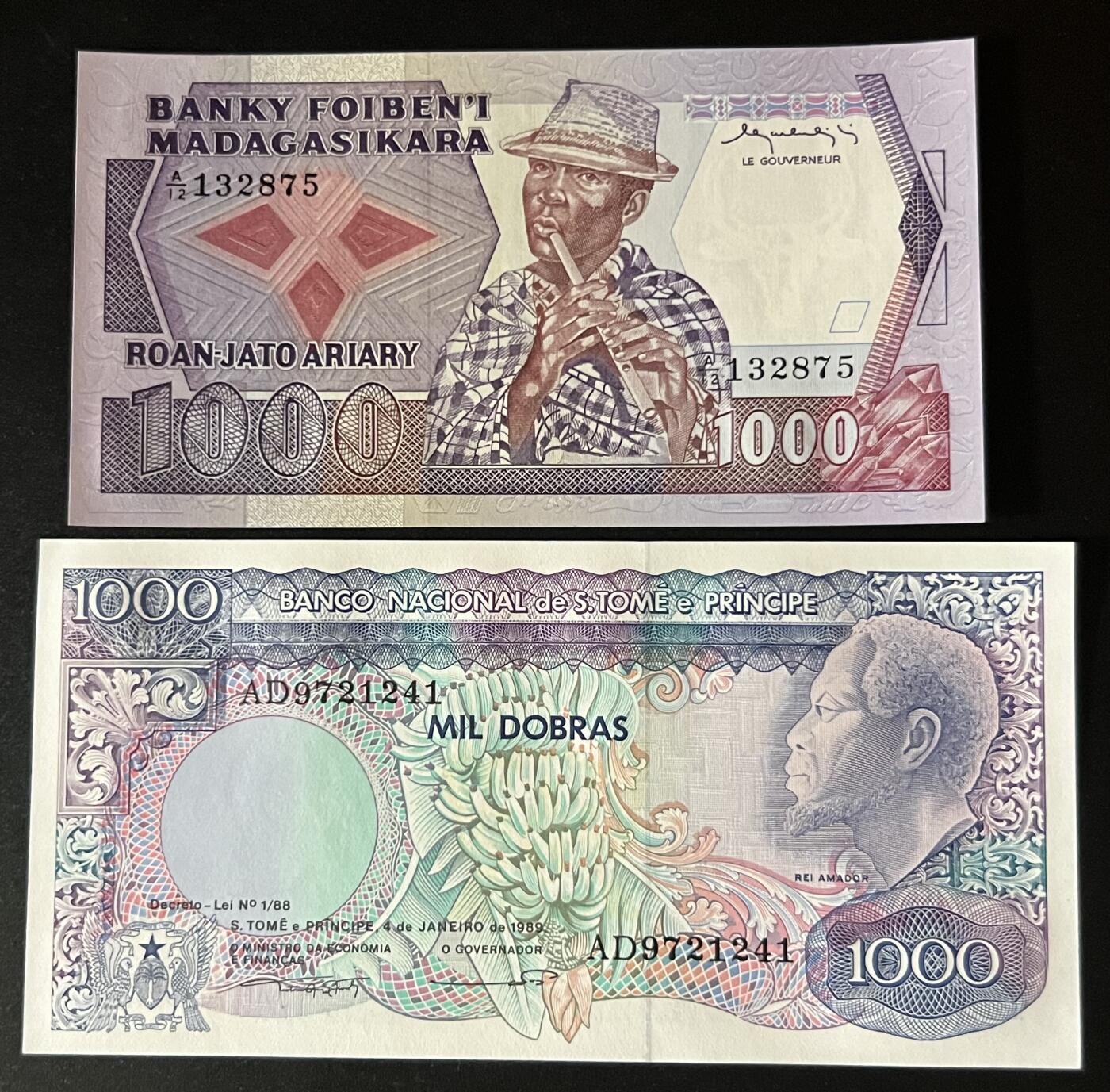 珑诚汇·乐淘淘 世界纸币拍卖 第32期 低佣场 马达加斯加1983年1000法郎 首版&圣多美和普林西比1989年1000多布拉 全新UNC