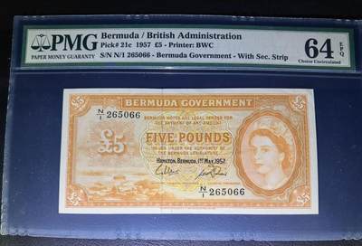叁拾收藏第20期 - 百慕大女王57年5镑  PMG64E
