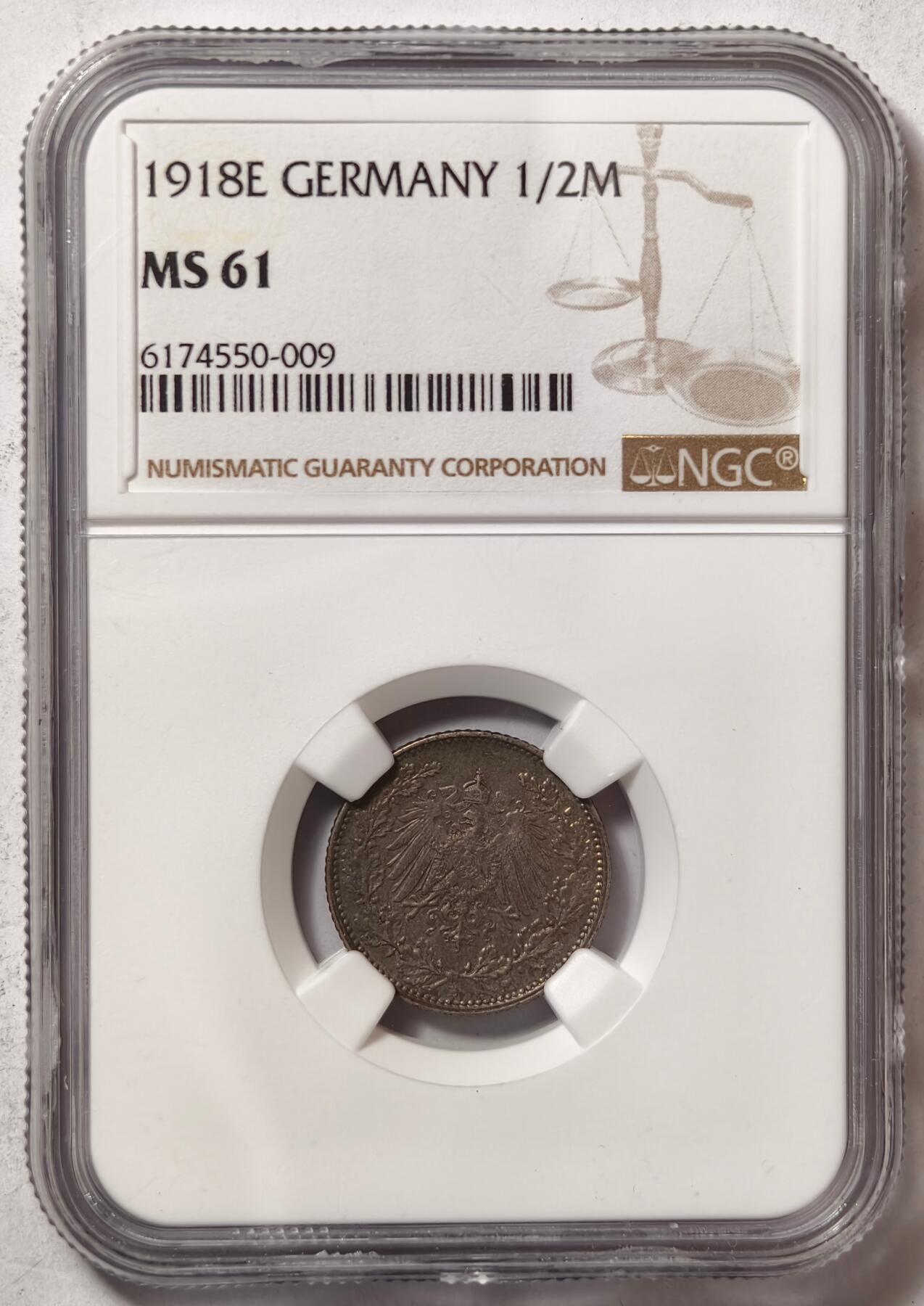 紫瑗钱币——第472期 德国 1918年 E版 第二帝国 1/2马可 银币 NGC MS61
