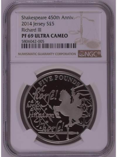 S&S Numismatic世界钱币-拍卖 第114期  - 泽西岛2014年 威廉·莎士比亚诞辰450周年-理查三世 5英镑精制纪念银币 NGC PF69UC
