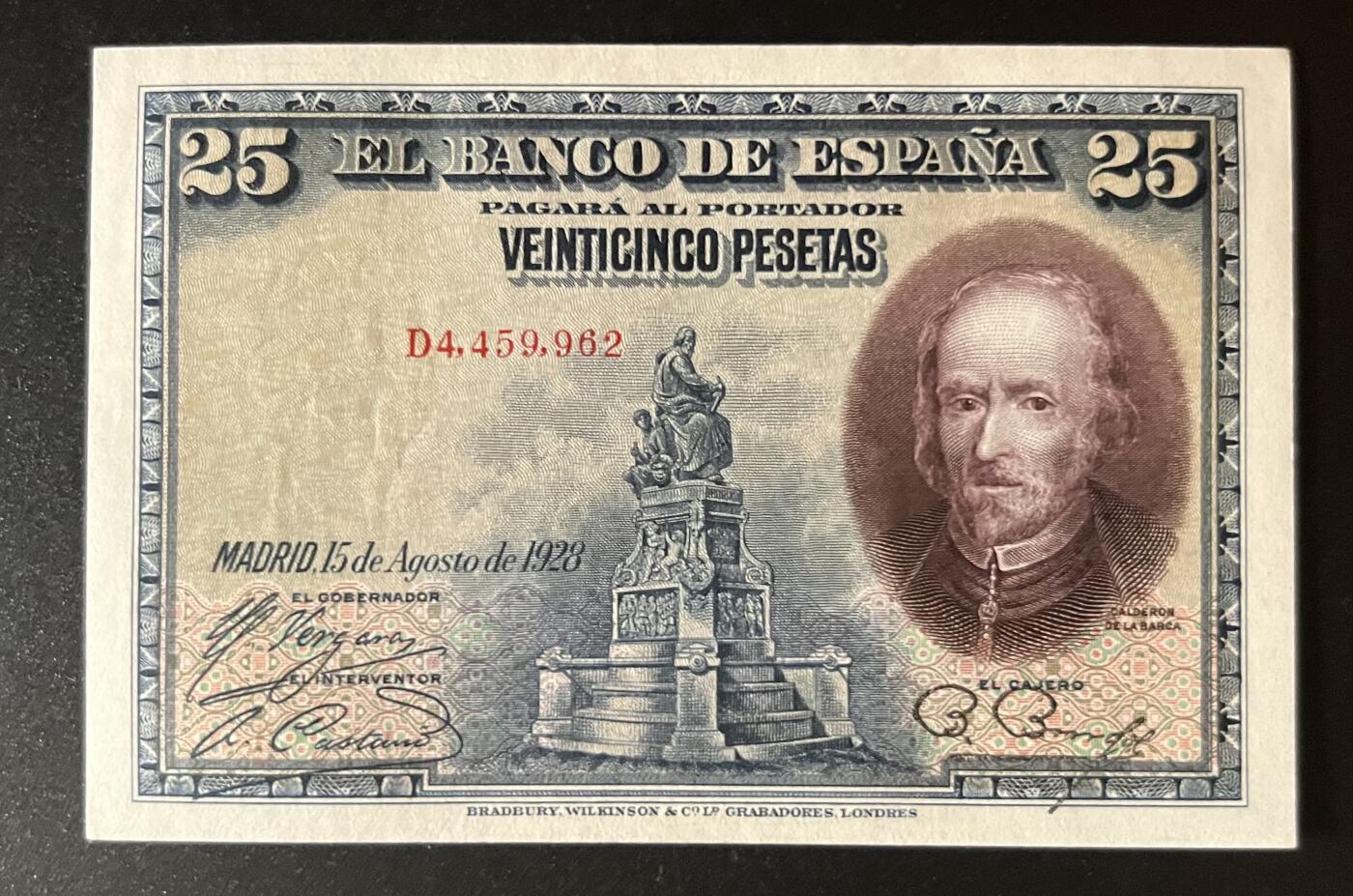 珑诚汇·乐淘淘 世界纸币拍卖 第32期 低佣场 『D4 459 962』西班牙1928年纸币 25比塞塔 轻微角钝 角轻微荧光反应 UNC