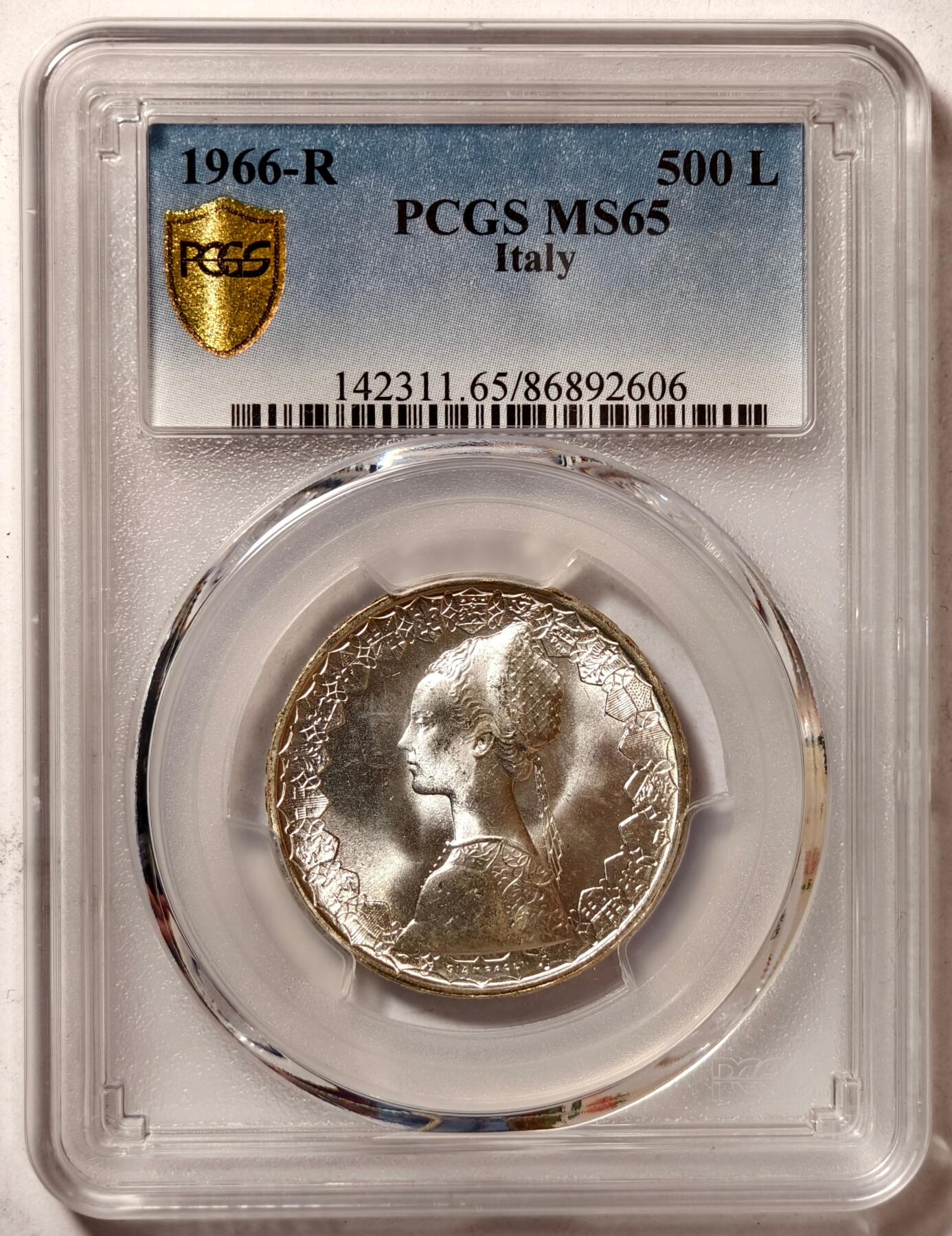 紫瑗钱币——第472期 意大利 1966年 R版 少女与帆船 500里拉 银币 PCGS MS65