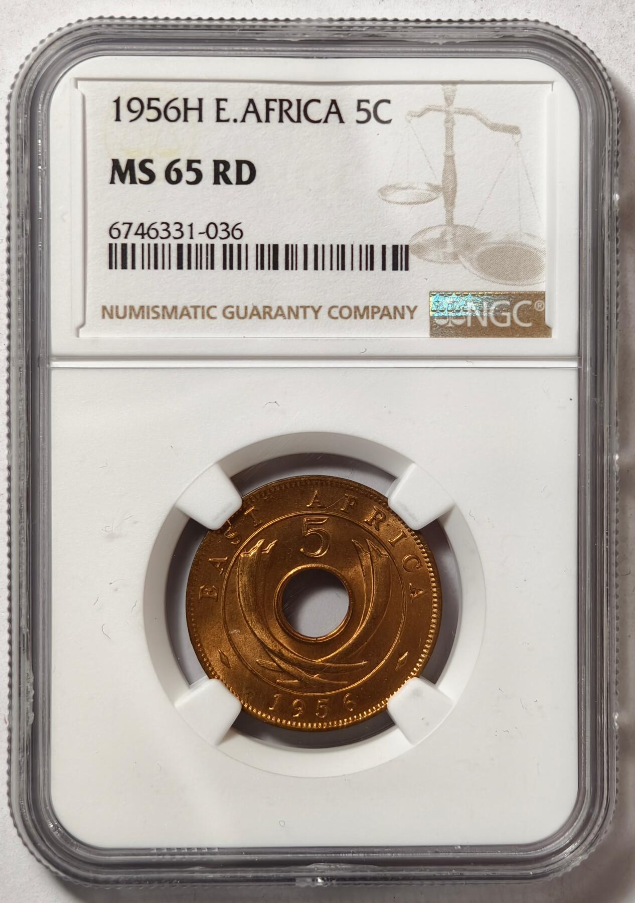 紫瑗钱币——第472期 英属东非 1956年 H版 伊丽莎白二世 5分 红铜币 NGC MS65 RD