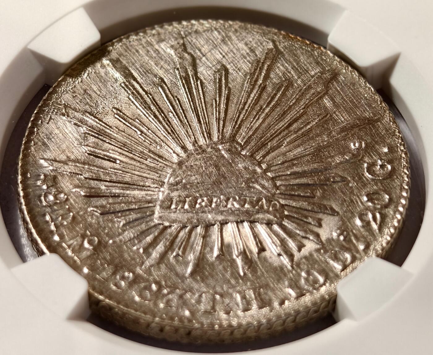 紫瑗钱币——第494期 墨西哥 1863年 MO TH在华流通 花边鹰洋 8里亚尔 银币 NGC AU DETAILS