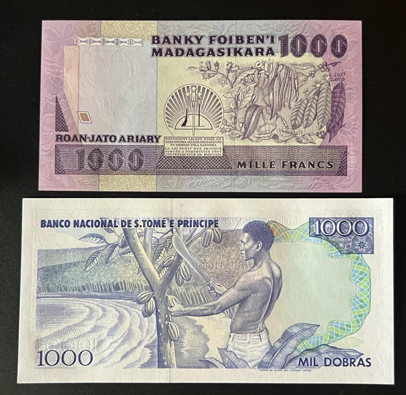 珑诚汇·乐淘淘 世界纸币拍卖 第32期 低佣场 马达加斯加1983年1000法郎 首版&圣多美和普林西比1989年1000多布拉 全新UNC