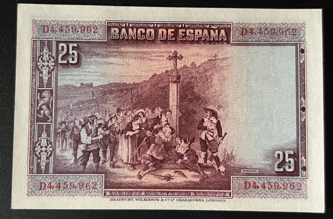 珑诚汇·乐淘淘 世界纸币拍卖 第32期 低佣场 『D4 459 962』西班牙1928年纸币 25比塞塔 轻微角钝 角轻微荧光反应 UNC