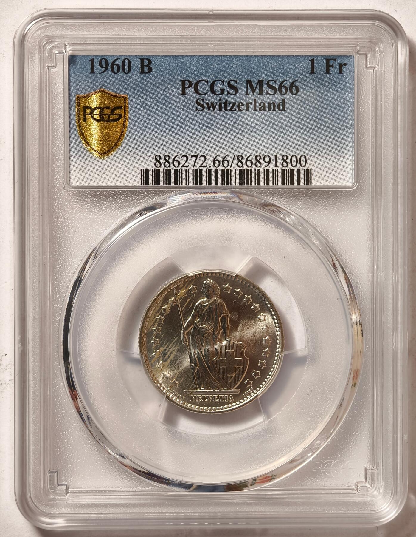 紫瑗钱币——第472期 瑞士 1960年 B版 赫尔维蒂亚 1法郎 银币 PCGS MS66