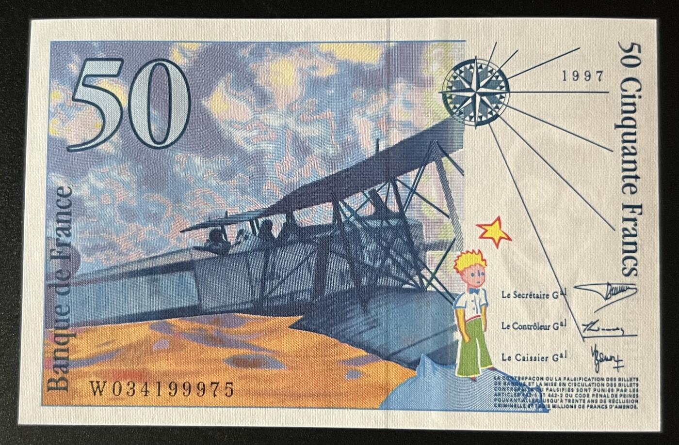 珑诚汇·乐淘淘 世界纸币拍卖 第32期 低佣场 『W034199975』法国1997年纸币 50法郎 精美小王子 全新UNC