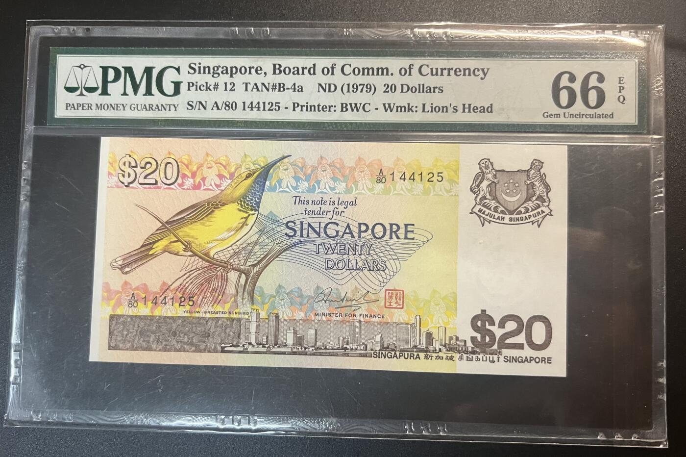 珑诚汇·乐淘淘 世界纸币拍卖 第32期 低佣场 『A/80 144125』新加坡1979年纸币 20元 鸟版 PMG66EPQ
