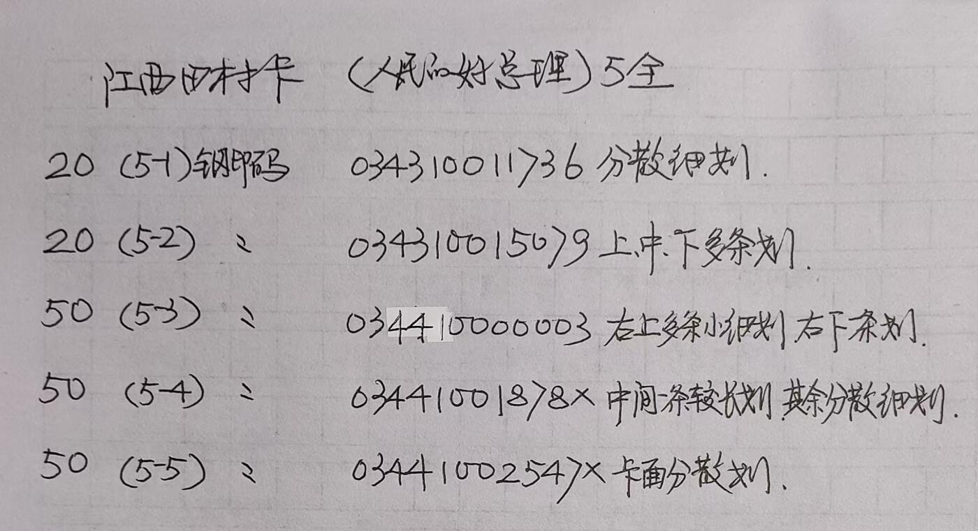 公藏第24期裸卡拍卖 江西田村卡（人民的好总理-周恩来）5全品相钢印码见图表。