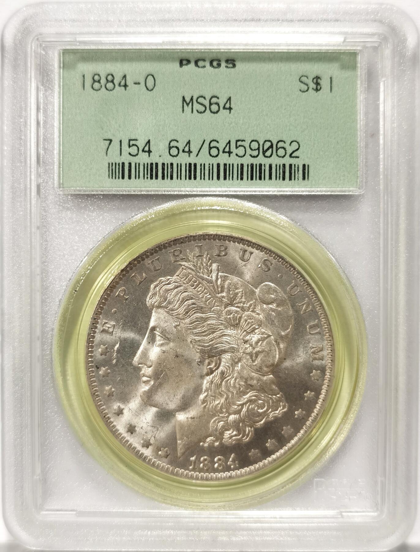 博洋堂世界钱币拍卖第099期（全场包邮） PCGS MS64 美国1884-O摩根大银币，少见7位数绿标老盒
