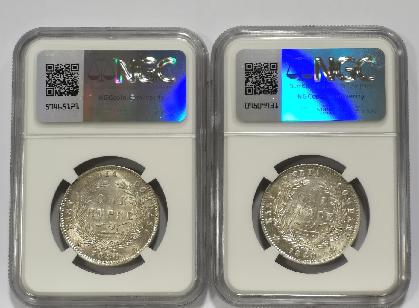博洋堂世界钱币拍卖第099期（全场包邮） NGC AU58 英属东印度公司1840年维多利亚双辫版1卢比银币2枚一对2