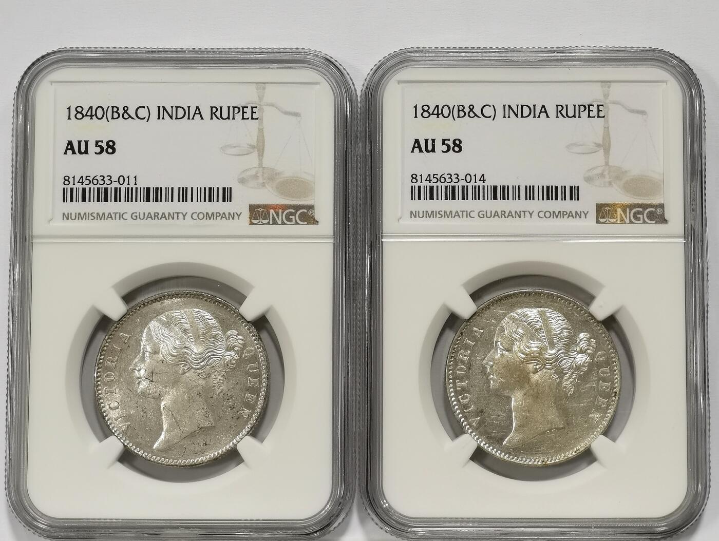 博洋堂世界钱币拍卖第099期（全场包邮） NGC AU58 英属东印度公司1840年维多利亚双辫版1卢比银币2枚一对1