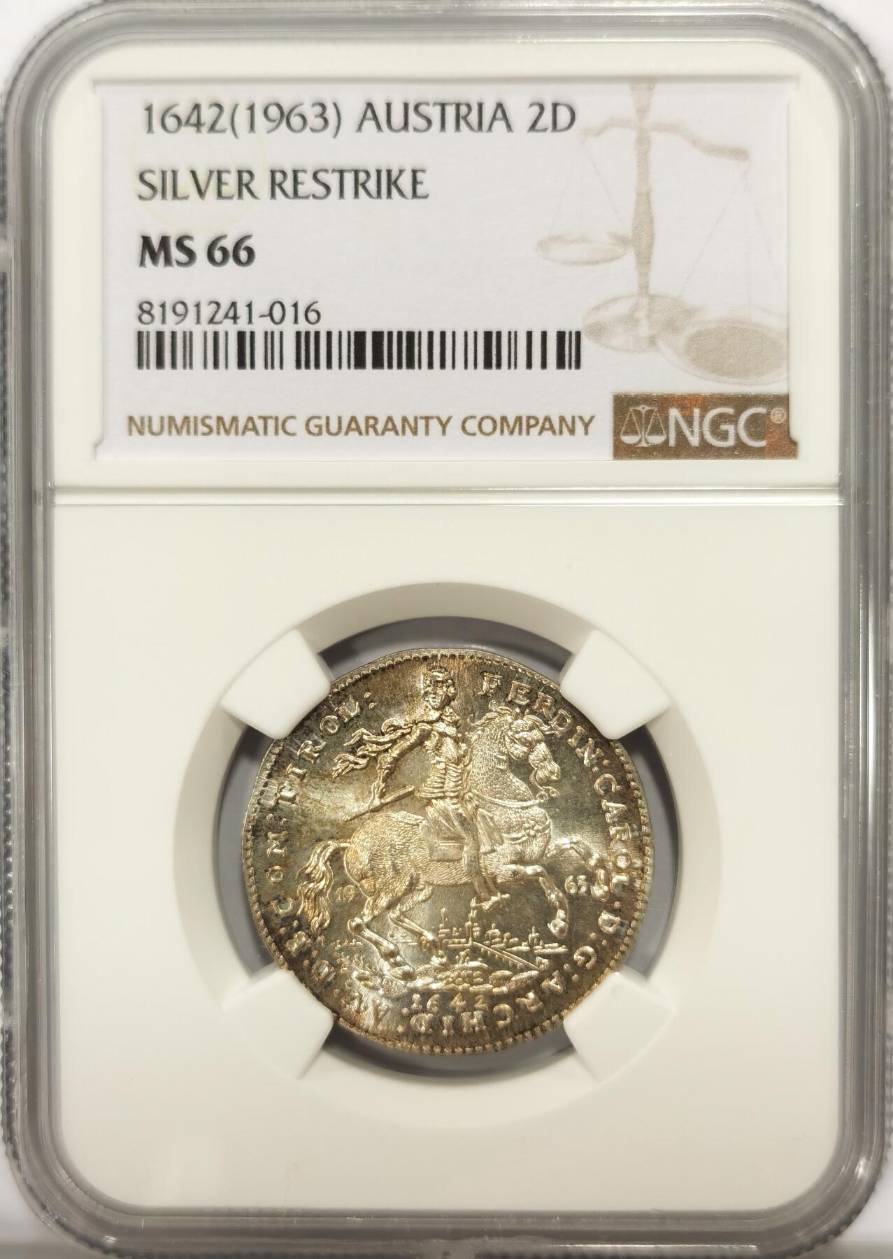 博洋堂世界钱币拍卖第099期（全场包邮） NGC MS66 奥地利1642年（1963年后铸）2杜卡特银币，黄油包浆，难得高分