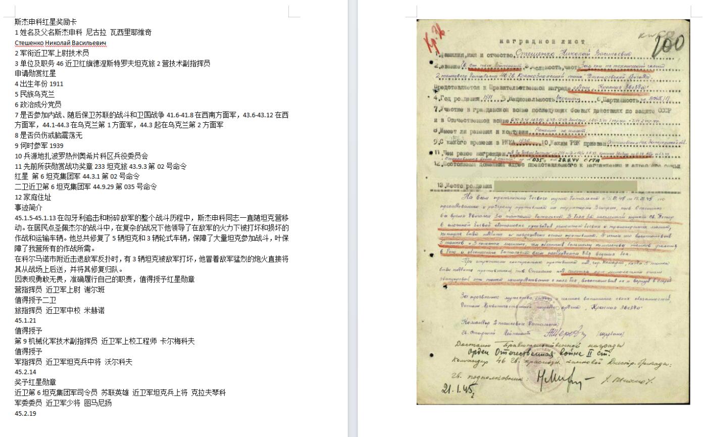 苏联勋章奖章拍卖11月16日晚上九点结束在麦稀奇 找不到的加我qq或者微信都是184277308备注苏章拍卖。最好加微信群每次都会通知还有提前可以一口价的 最近会持续拍卖一些东西。 苏联二战红星勋章 1196363品相不错 右角顶部微小瑕疵 几乎不可见 Стешенко Николай Васильевич 近卫红旗德涅斯特罗夫坦克旅2营技术副指挥员战斗中修复十余辆坦克获得 还有很多奖励卡 感兴趣的可以去查查看 参加过布达佩斯，维也纳，布拉格，对日等多个重要战役并获得奖章。