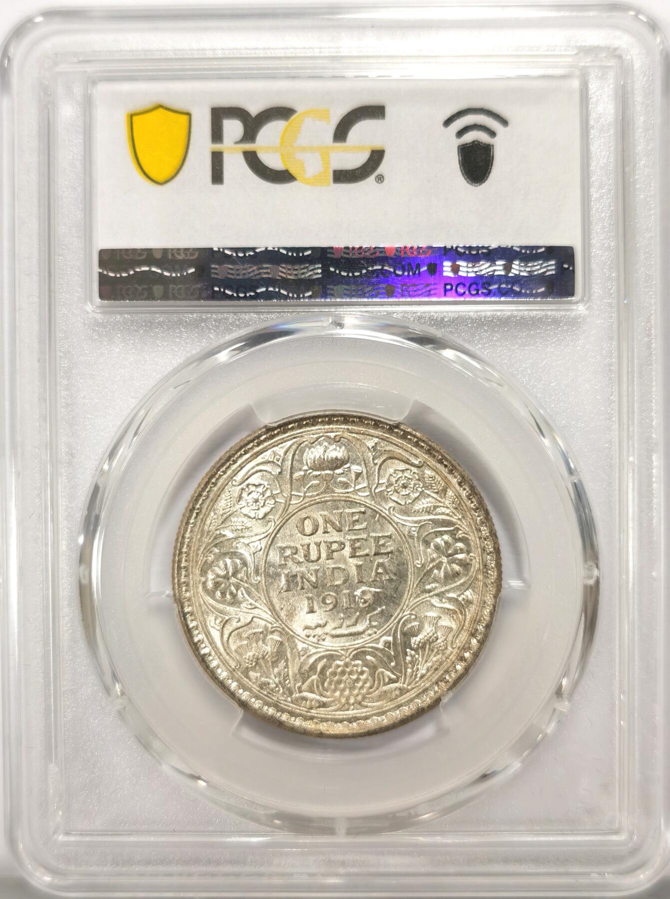博洋堂世界钱币拍卖第099期（全场包邮） PCGS MS64 英属印度1919年B版乔治五世1卢比银币，收藏级分数，盒子背面有几处小磕
