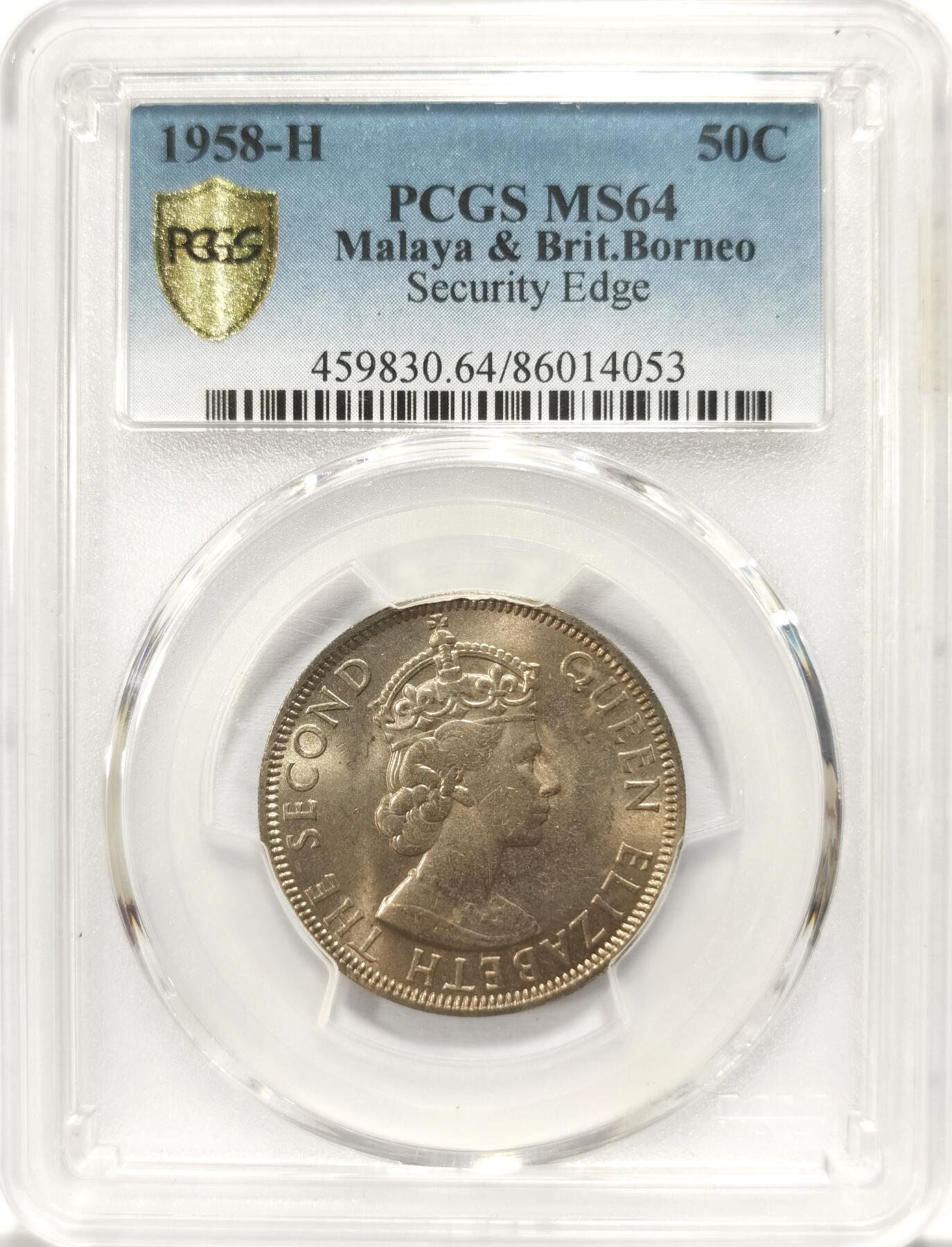 博洋堂世界钱币拍卖第099期（全场包邮） PCGS MS64 1958H马来亚和英属婆罗洲50分镍币，安全边，高分可藏