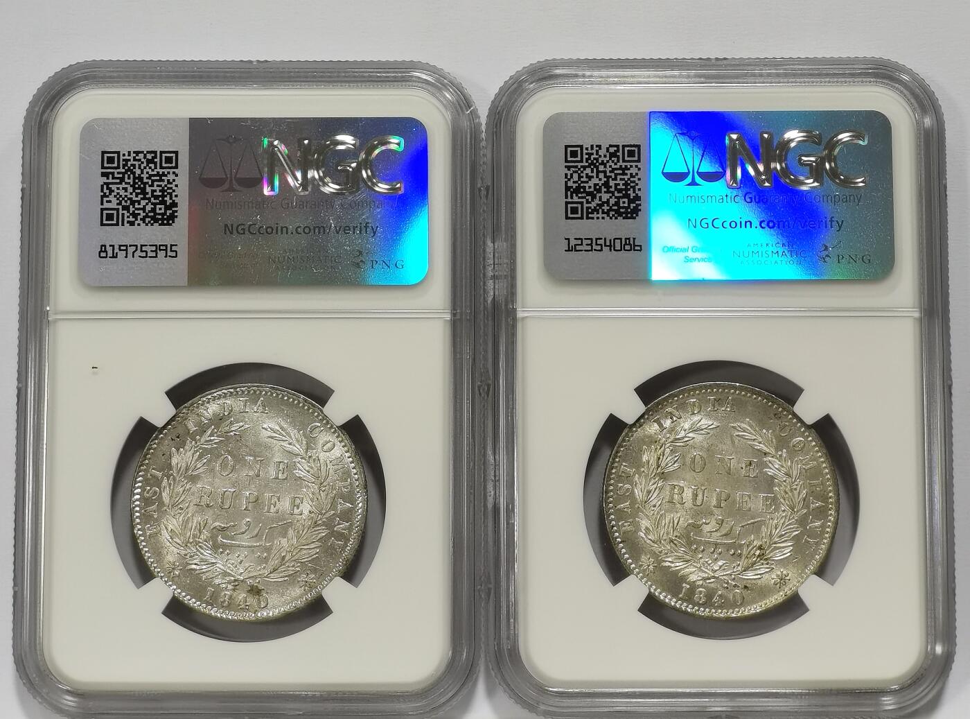 博洋堂世界钱币拍卖第099期（全场包邮） NGC AU58 英属东印度公司1840年维多利亚双辫版1卢比银币2枚一对1