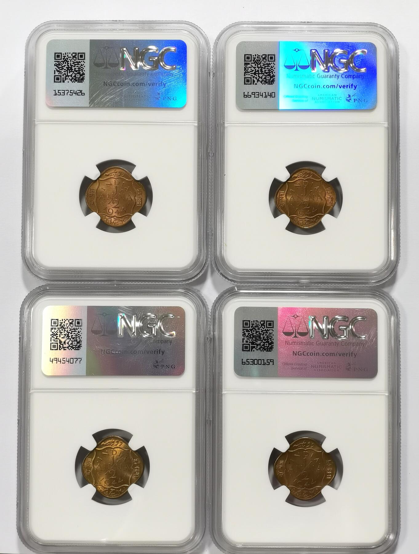 博洋堂世界钱币拍卖第099期（全场包邮） NGC MS64 英属印度1944年C版乔治六世1/2安娜铜币4枚一组