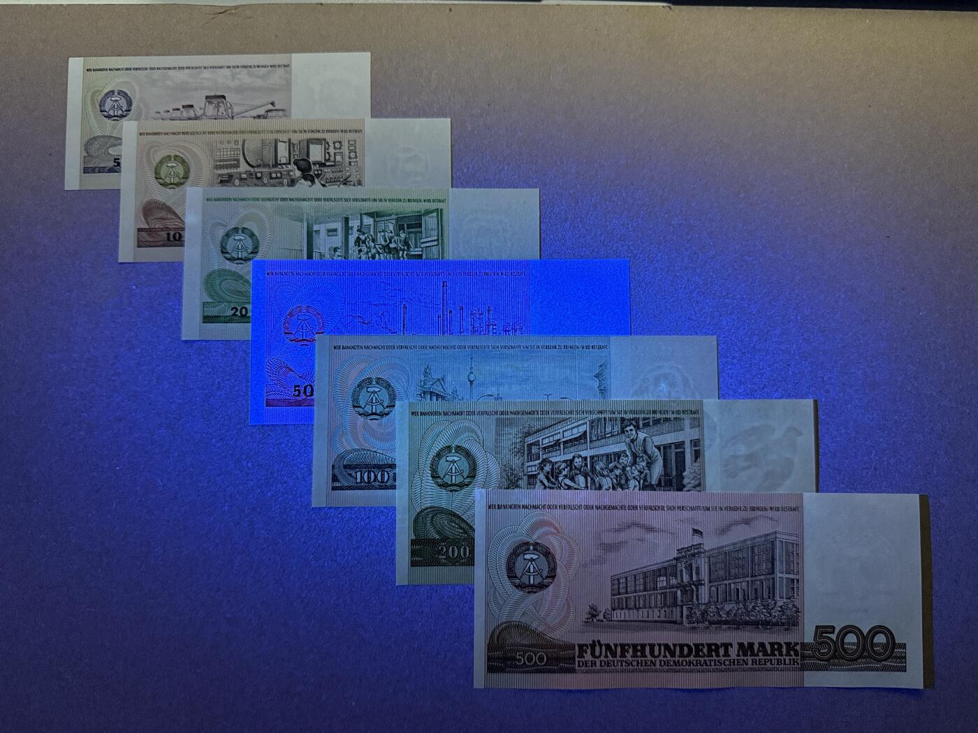 《张总收藏》174期-周日外币荟萃 东德5-500马克7张 UNC 1971-1985年版大全套 个别轻微荧光