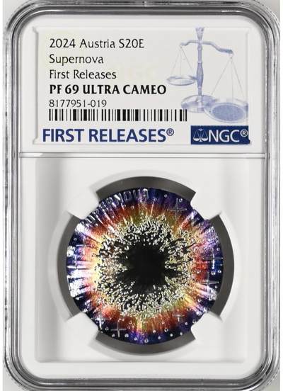 S&S Numismatic世界钱币-拍卖 第87期  - 奥地利2024年 奇妙宇宙现象超新星 20欧精制凹凸彩色纪念银币NGC PF69UC首期蓝标，盒证齐全