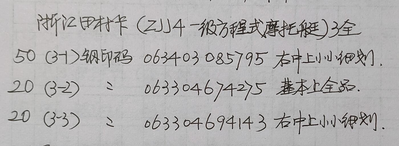 公藏第24期裸卡拍卖 浙江田村卡（国际方程式摩托艇锦标赛）3全，品相钢印码见图表。
