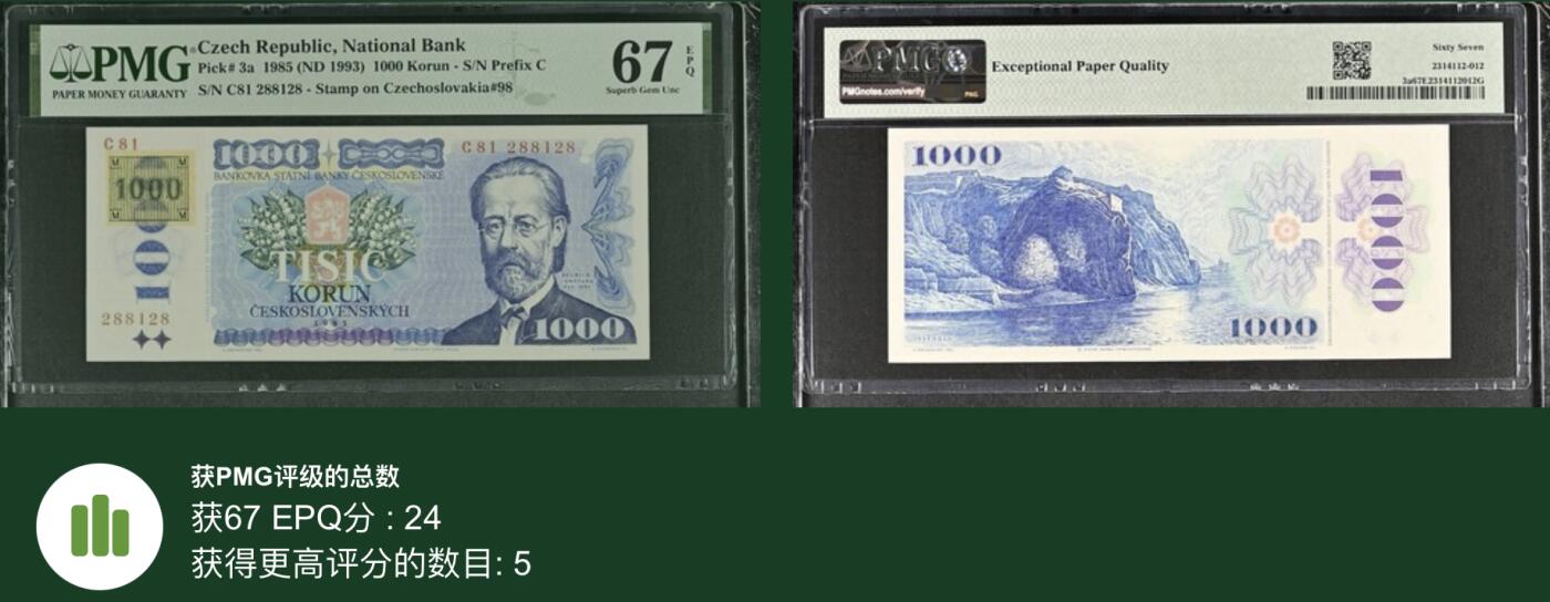 《张总收藏》174期-周日外币荟萃 捷克1000克朗 PMG67E 1993年 末版加盖邮票版 无3547