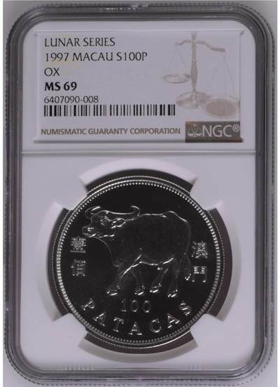 S&S Numismatic世界钱币-拍卖 第114期  - 中国澳门1997年 生肖牛 100 帕塔卡纪念银币NGC MS69