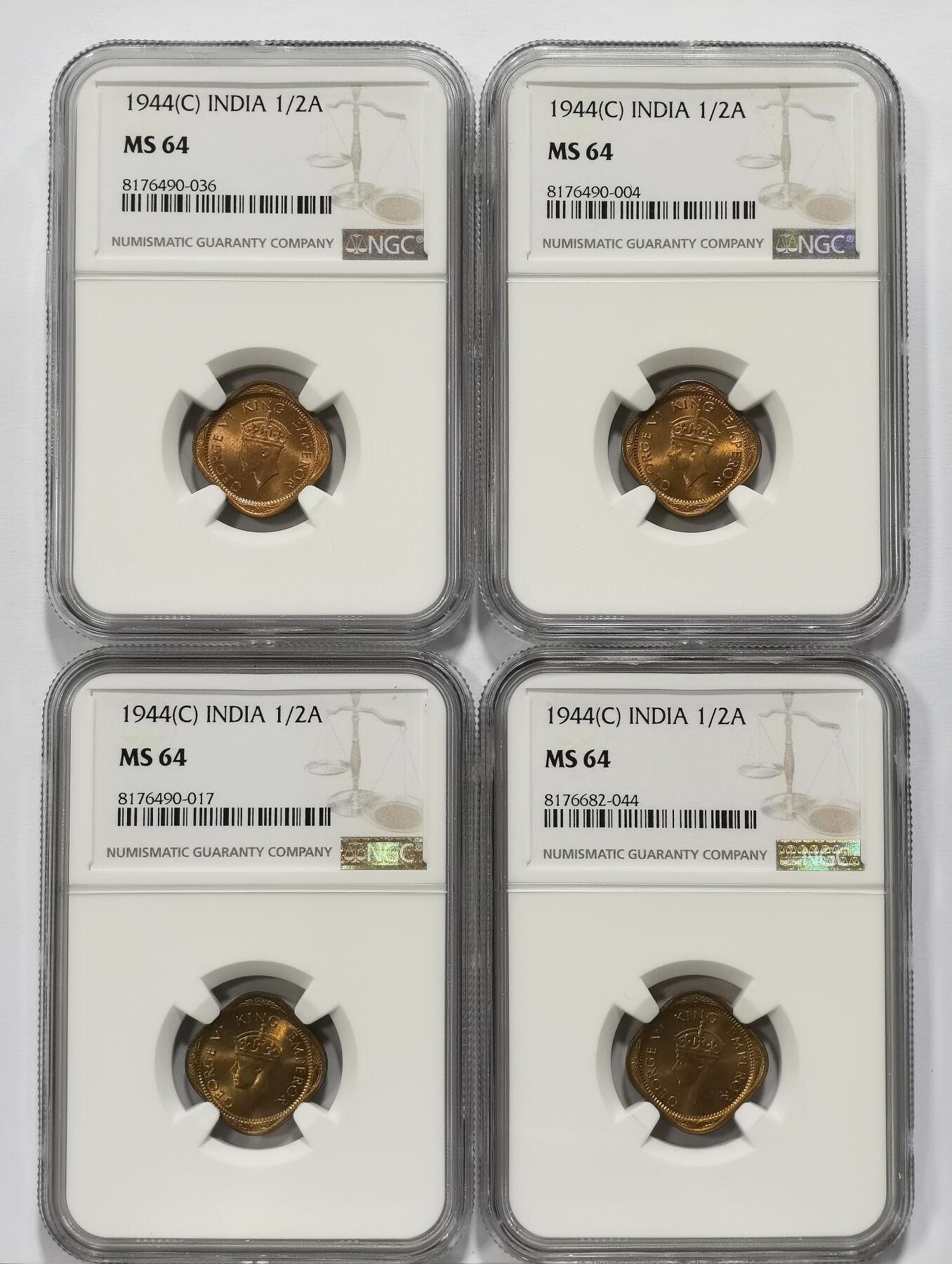 博洋堂世界钱币拍卖第099期（全场包邮） NGC MS64 英属印度1944年C版乔治六世1/2安娜铜币4枚一组