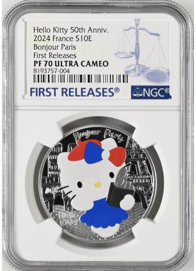 S&S Numismatic世界钱币-拍卖 第96期  - 法国2024年 Hello Kitty问世50周年 10欧元彩色精制纪念银币NGC PF70UC首期蓝标，冠军分， 盒证齐全