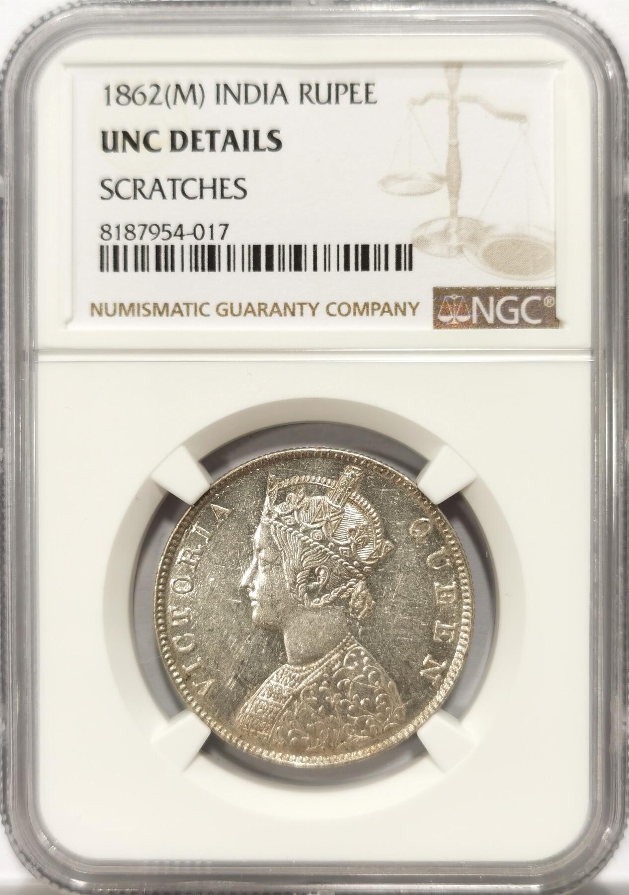 博洋堂世界钱币拍卖第099期（全场包邮） NGC UNCD （M厂）英属印度1862年1卢比银币 马德拉斯厂非常少见 不是常见的孟买厂 国内尚无拍卖成交记录
