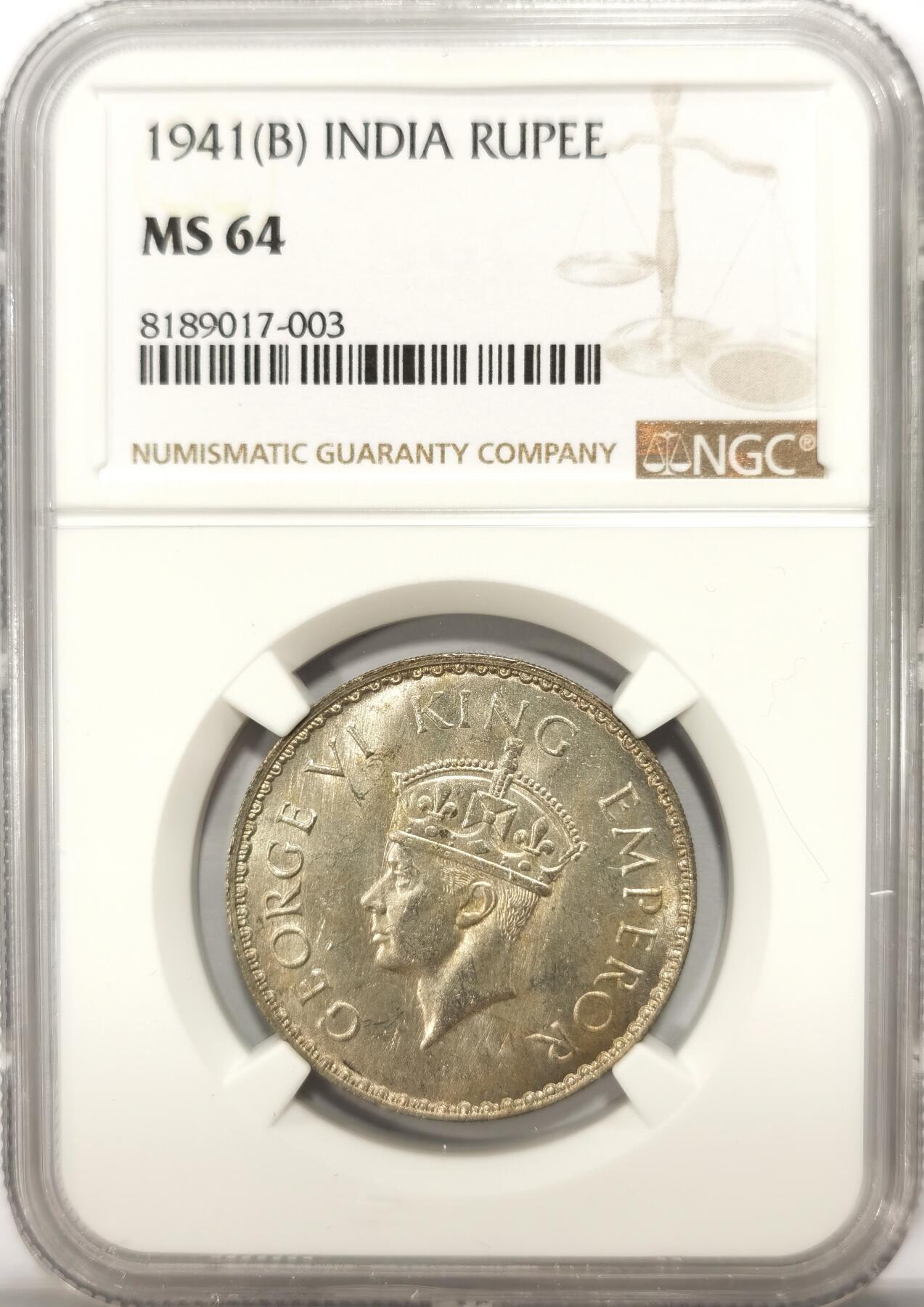 博洋堂世界钱币拍卖第099期（全场包邮） NGC MS64 （冠军分）英属印度1941年1卢比银币B版 乔治六世 这个品种上64分非常不容易