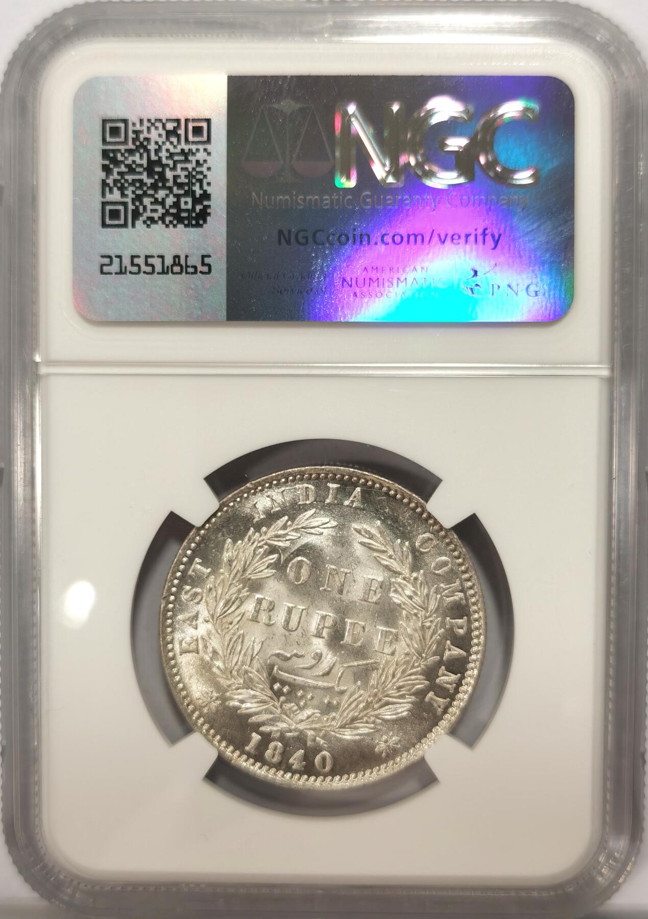 博洋堂世界钱币拍卖第099期（全场包邮） NGC MS63 英属东印度公司1840年维多利亚双辫版1卢比银币1