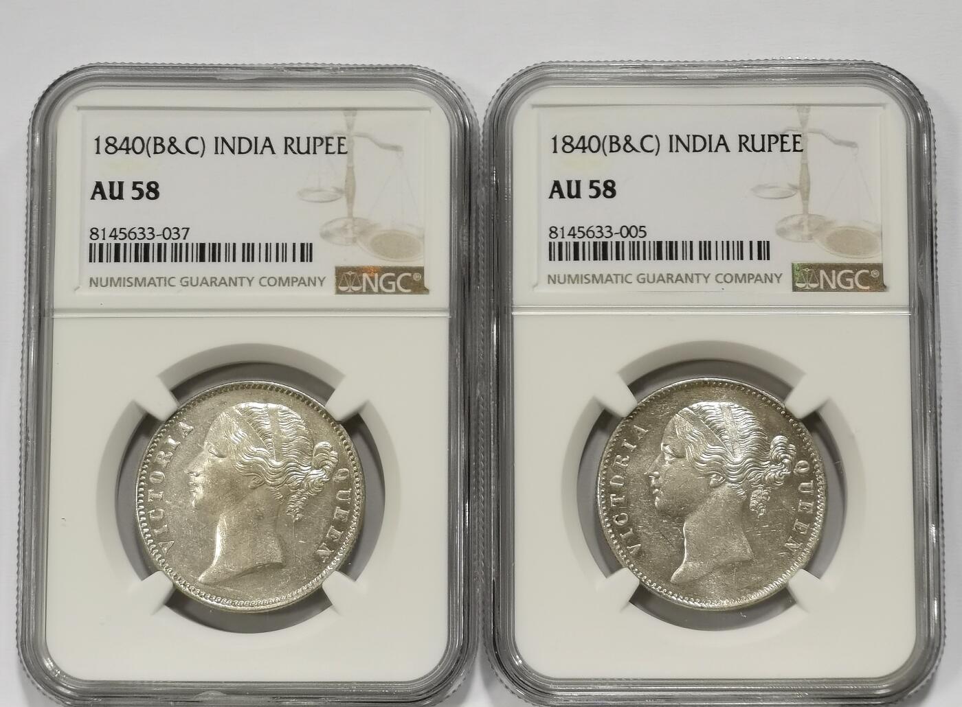 博洋堂世界钱币拍卖第099期（全场包邮） NGC AU58 英属东印度公司1840年维多利亚双辫版1卢比银币2枚一对2