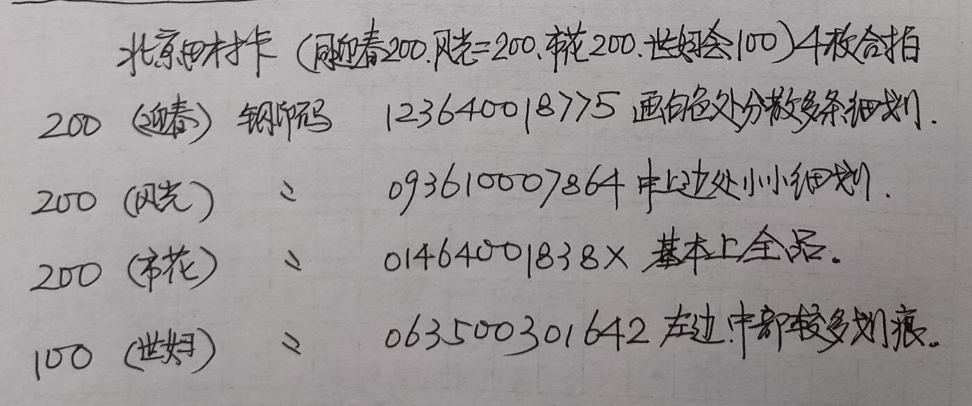 公藏第24期裸卡拍卖 北京田村卡（同迎春200，颐和园200，市花200，世妇会100）4枚散卡同拍。品相及钢印码见图表。