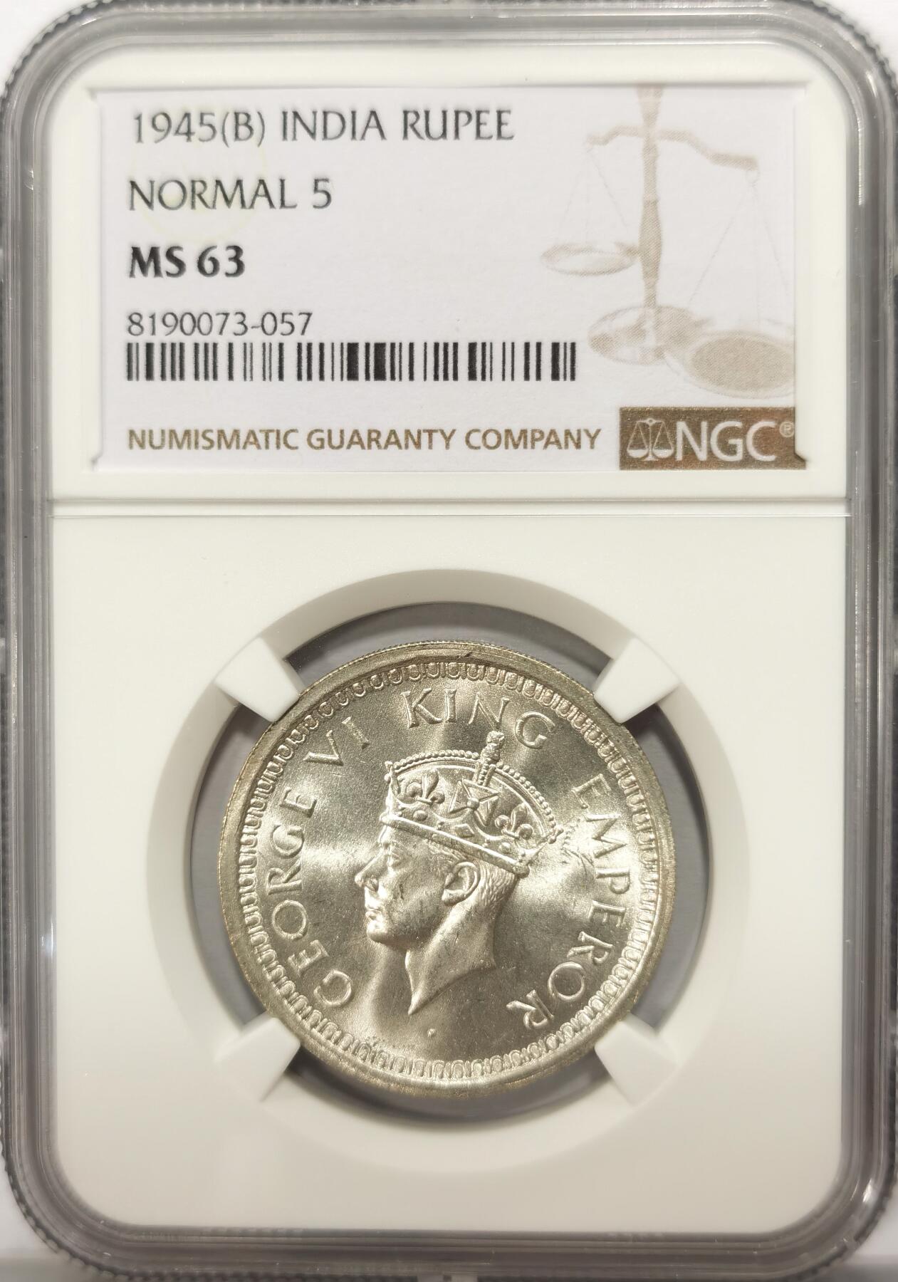 博洋堂世界钱币拍卖第099期（全场包邮） NGC MS63 英属印度1945年B版乔治六世1卢比银币，BU原卷