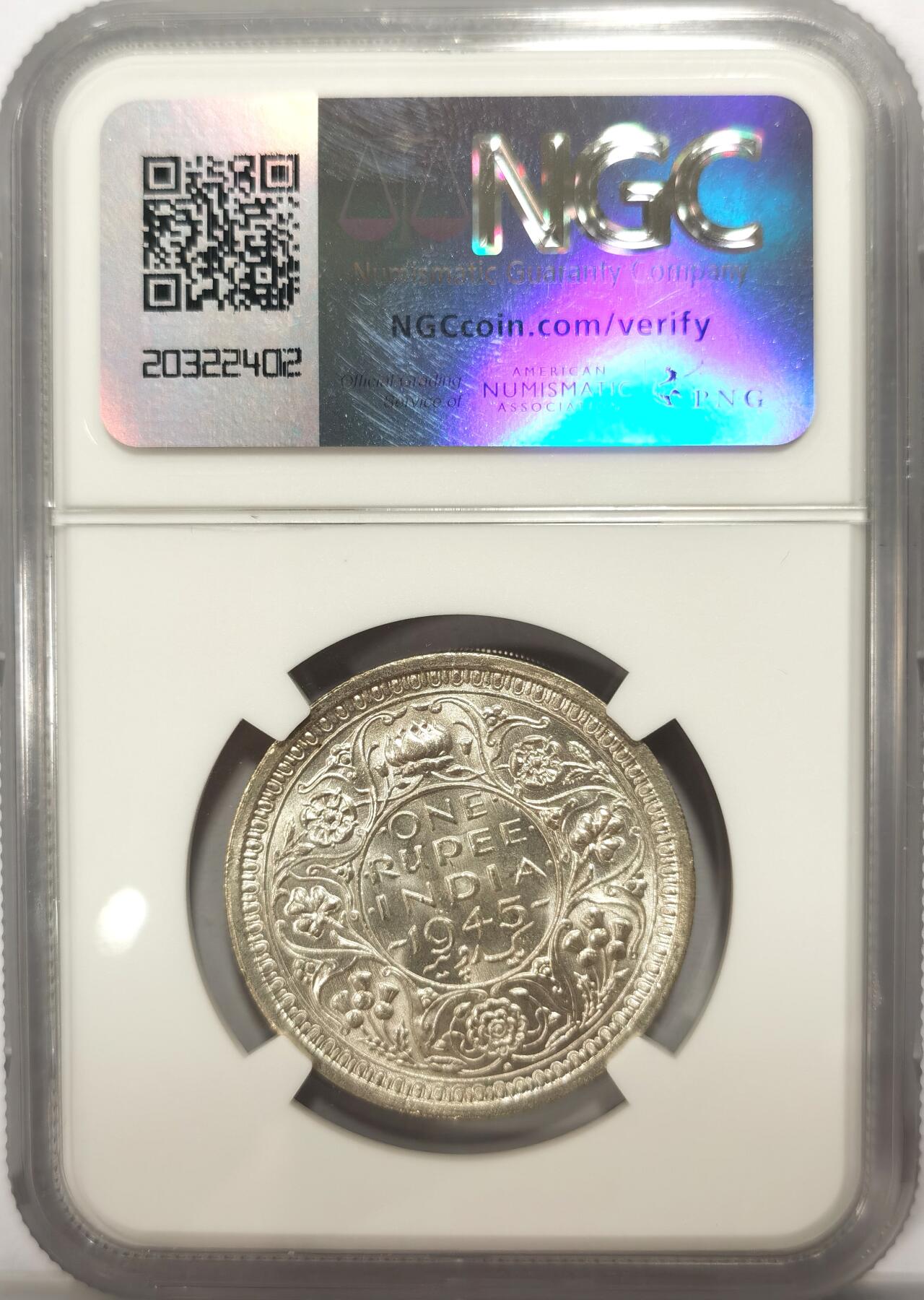 博洋堂世界钱币拍卖第099期（全场包邮） NGC MS63 英属印度1945年B版乔治六世1卢比银币，BU原卷