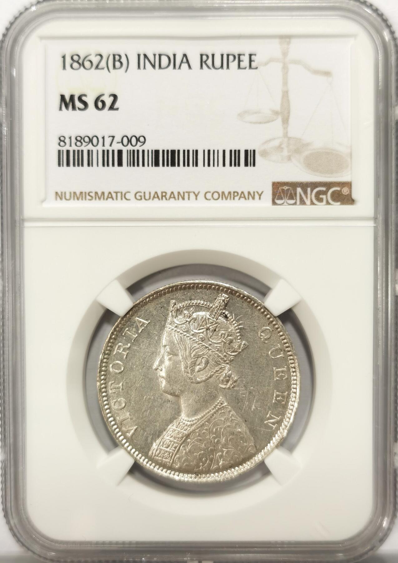 博洋堂世界钱币拍卖第099期（全场包邮） NGC MS62 英属印度1862年1卢比银币B版 少见的2/0DOT版别（背面“ONE”上方2个点）维多利亚女王