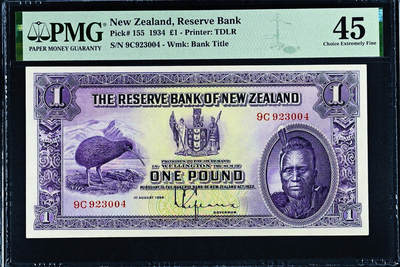 【Blue Auction】✨世界纸币精拍第574期【精】 - 新西兰 早期毛利人 1934年1镑 PMG45 状态佳 几维鸟精美 背面风景唯美 雕刻非常好 值得收藏的品种