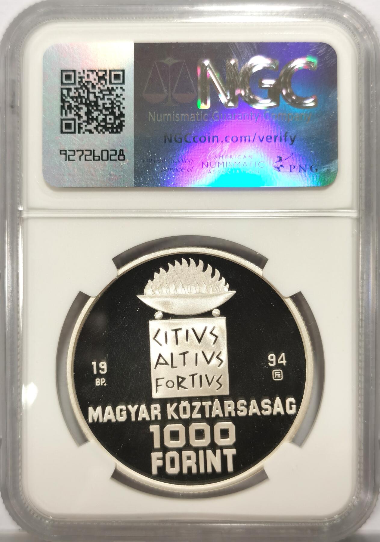 博洋堂世界钱币拍卖第099期（全场包邮） NGC PF69UC 匈牙利1994年亚特兰大奥运会游泳1000弗林特精制银币，更高分仅有1枚