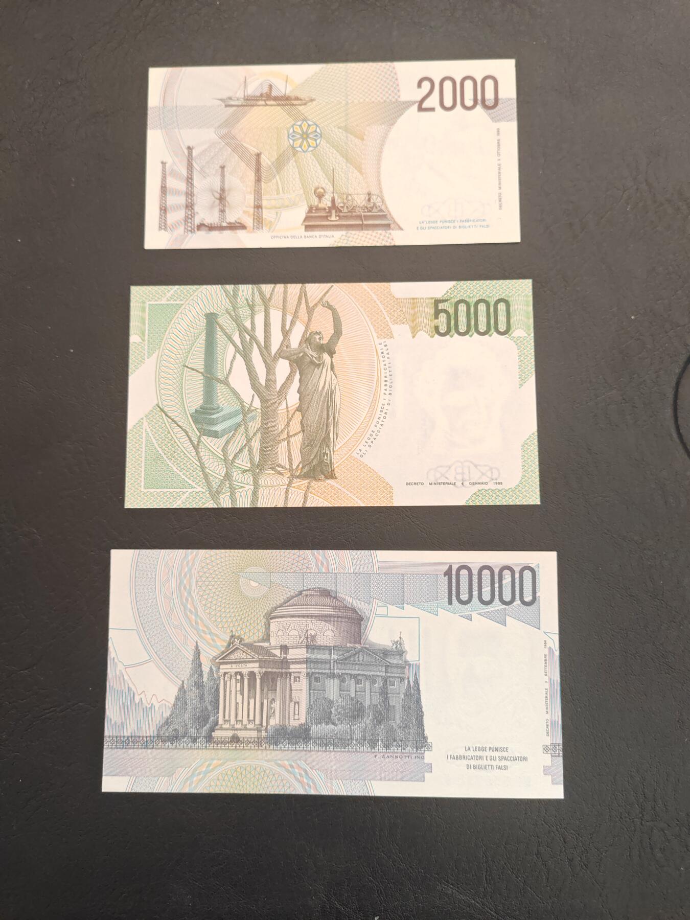 意大利 1984-1990年 2000-5000-10000里拉 纸币 小套 全新UNC